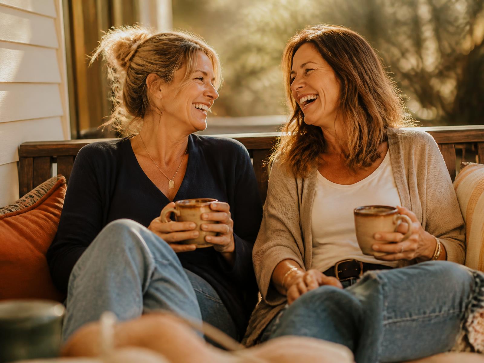Two friends laughing together on a sunlit porch with mugs of coffee